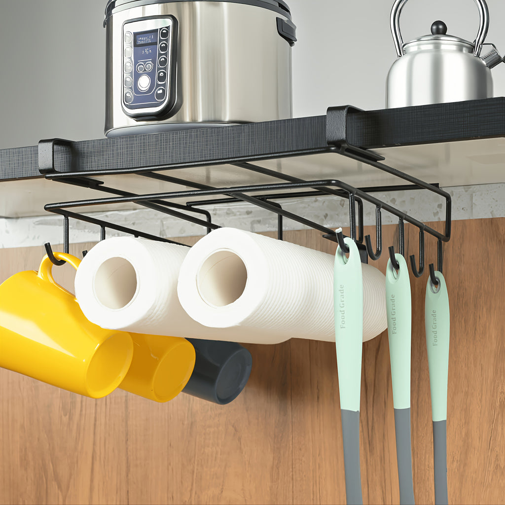 1pc Cabinet Organizer Holder, Cabinet Holder Rack, Bathroom Towel Holder Under Cabinet, Hanging Shelf Under Cabinet with Multiple Hooks for Cups, Kitchen Utensils, And Cutting Boards(Black)