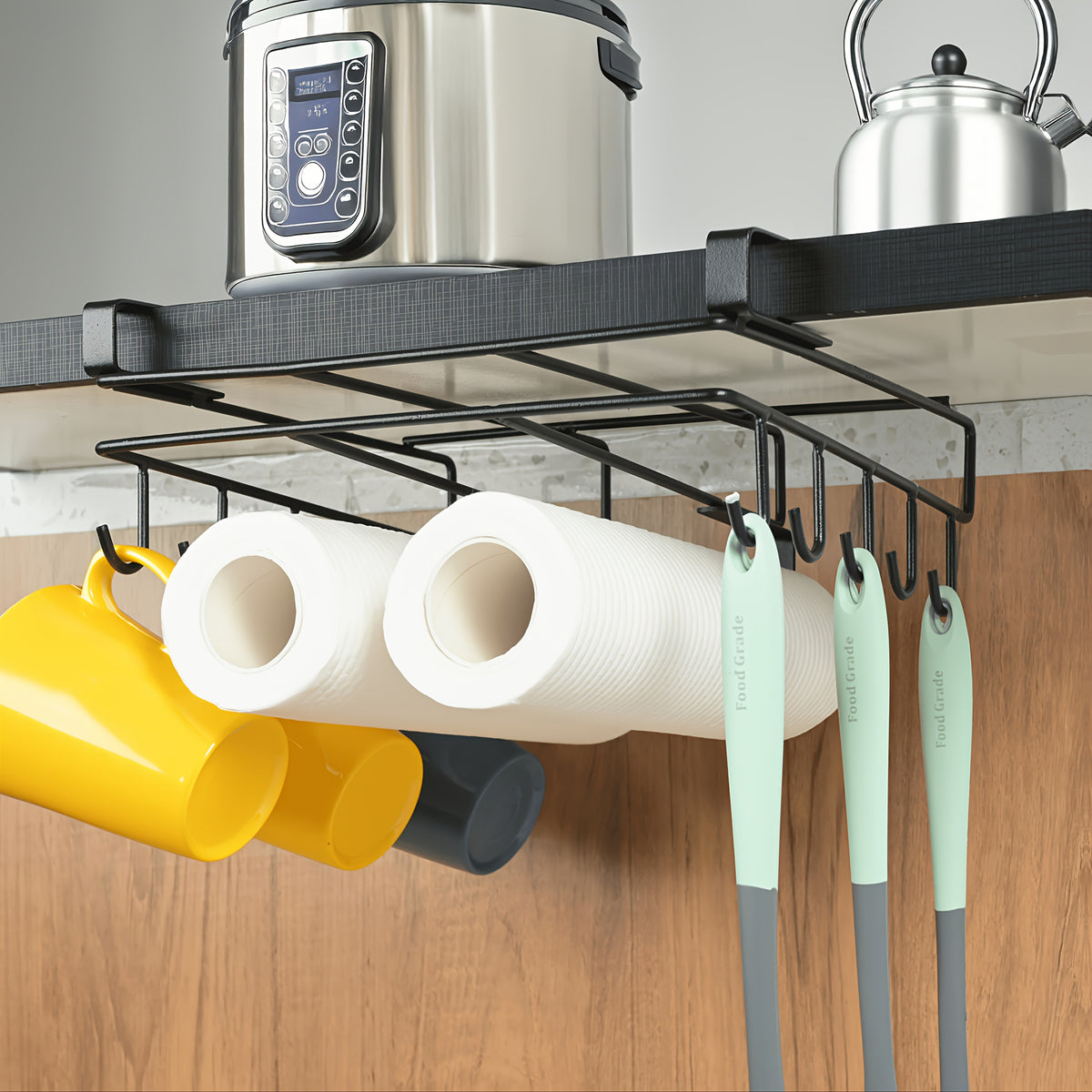 1pc Cabinet Organizer Holder, Cabinet Holder Rack, Bathroom Towel Holder Under Cabinet, Hanging Shelf Under Cabinet with Multiple Hooks for Cups, Kitchen Utensils, And Cutting Boards(Black)