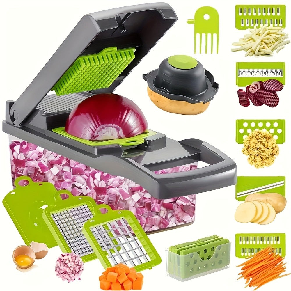 16-in-1 Manual Vegetable Chopper Set | With 8 Stainless Steel Blades, 304 Container, Peeler, and Filter | Easy Meal Preparation, Professional Onion, Carrot, and Garlic Slicer | Kitchen Supplies