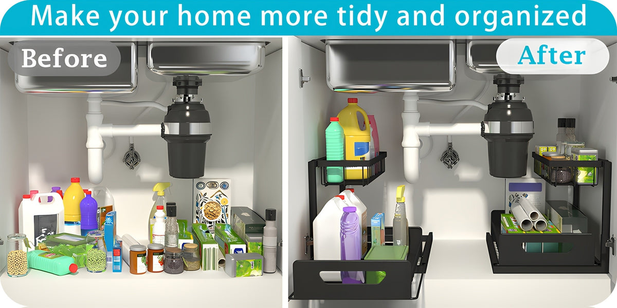 2Pack-2-Tier Slide-Out Under Sink Organizer -Pull-Out Cabinet Shelf with Adjustable Compartments, Featuring a Sliding Pull-Out Shelf Made of Metal, Ideal for Organizing Kitchen, Bathroom, Pantry, Or Closet Spaces