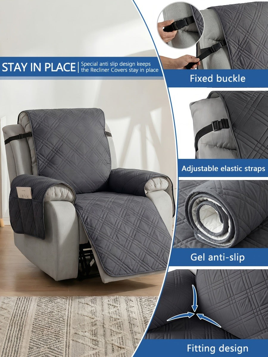 Recliner Protector Cover with Side Pocket, One-Piece Quilted Chair Cover with Elastic Band for Pet Households and Everyday Living Room Furniture Care