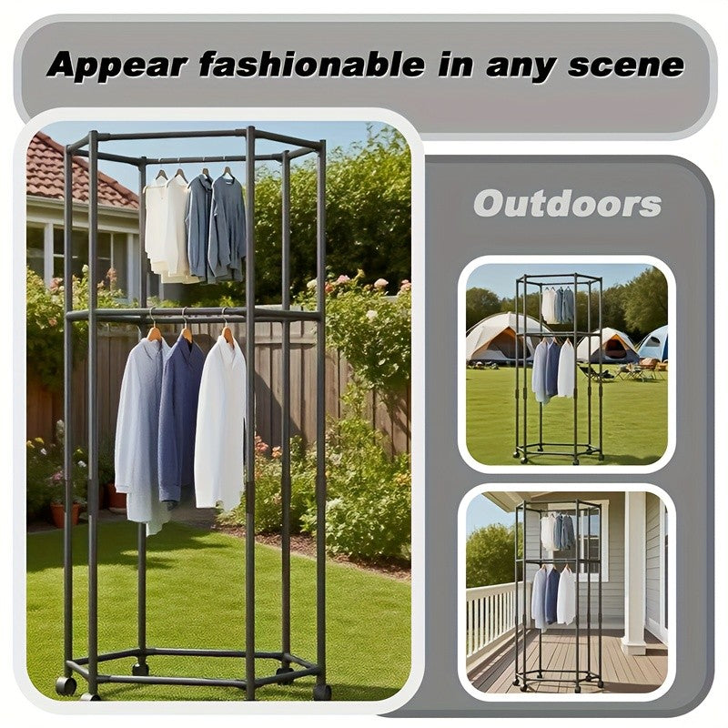 Hexagonal Rotating Garment Rack with Wheels - Heavy-Duty Freestanding 360-Degree Spinning Hanger Suitable for Laundry Room, Space-Saving Mobile Clothing Display, Sturdy Metal Frame for Home Storage & Retail Use, Portable Wardrobe