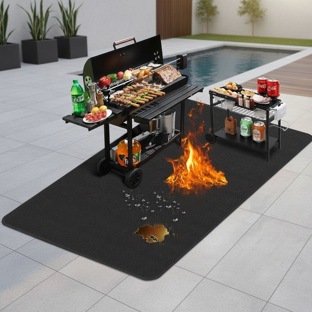 Large BBQ Grill Mat That Is Double-Sided, Fireproof, And Heat-Resistant, Suitable for Outdoor Grills, Fireplaces, Fire Pits, And Smokers. It Serves As a Waterproof And Oil-Proof Protector for Decks And Patios, And Is Easy to Clean
