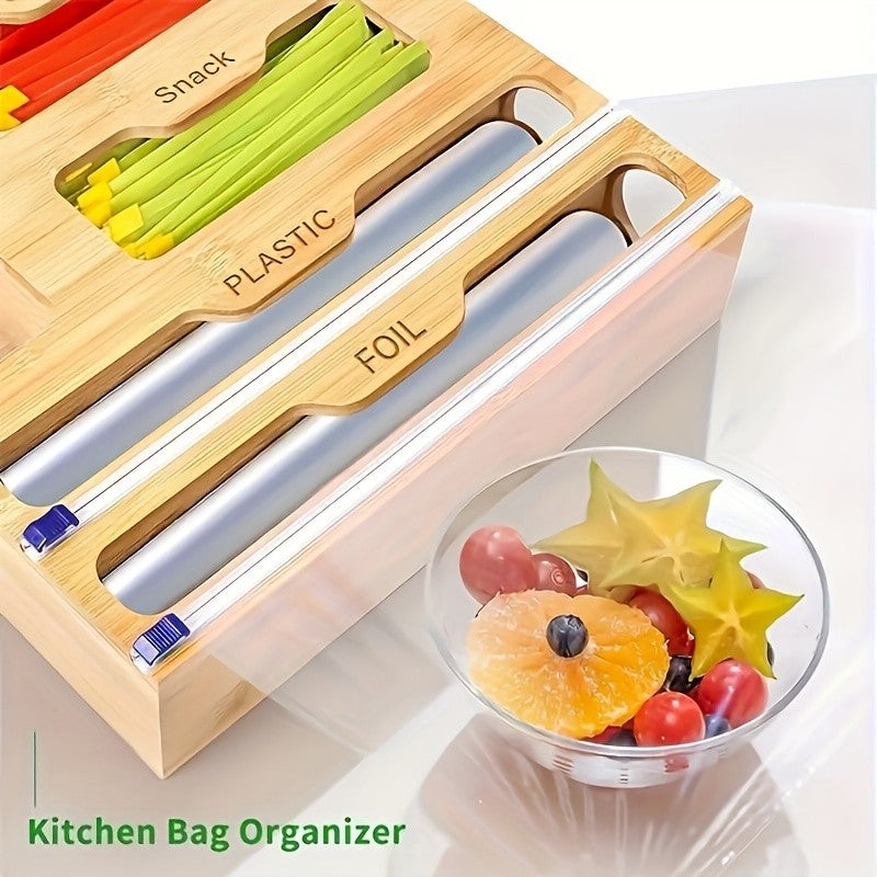 Bamboo Bag Organizer And Foil And Plastic Wrap Organizer Aluminum Foil Organization And Storage Plastic Wrap Dispenser with Cutter for Kitchen Drawer for Gallon Quart Sandwich Snack Kitchen Supplies