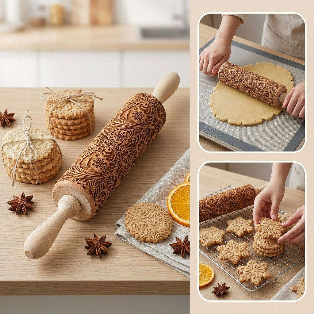 1pc Wooden Rolling Pin with Christmas Snowflake Pattern - Engraved Embossed Cookie Cutters, Ideal for Baking and Kitchen Decor, Perfect Gift for Birthdays, Holidays, and Moving, Festive Kitchen Tool|Decorative Rolling Pin|Durable Rolling Pin