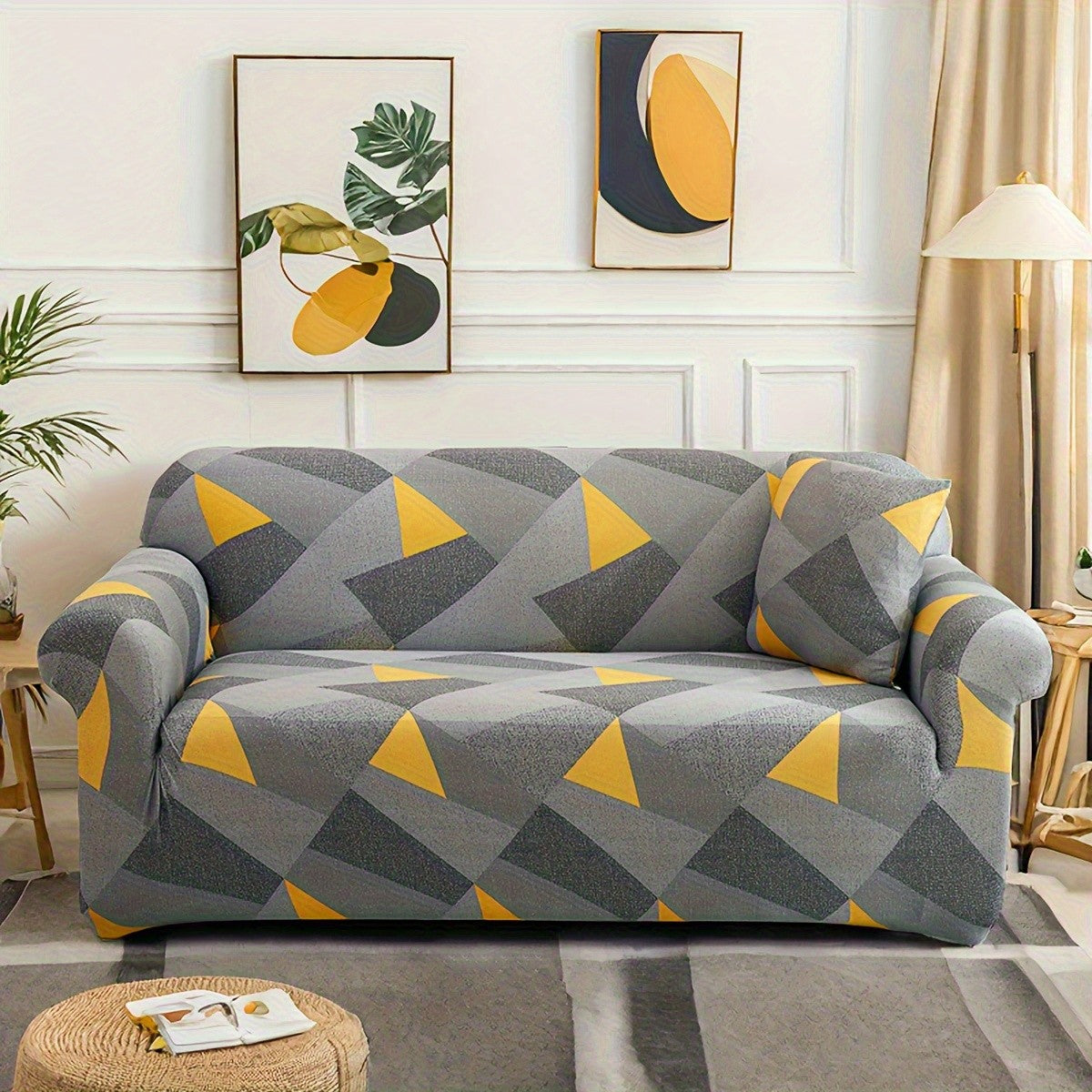 Modern Stretch Full-Size Sofa Cover - High-Stretch Polyester Blend, Non-Slip & Machine Washable, Digital Print Telescopic Fit for 1-4 Seater Sofas, Home & Office Dual-Use, Contemporary Style, Furniture Protector, Floral Pattern, Snug Elastic, Furniture Sl