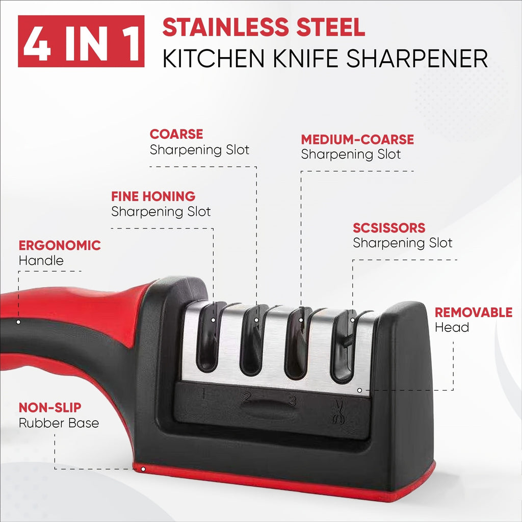Knife Sharpener, 4-In-1 Blade Stainless Steel Sharpener And Scissors Sharpener, Anti-Slip Handle Professional Knife Sharpener, for Ergonomic And Easy to Use Knife Sharpening Kit
