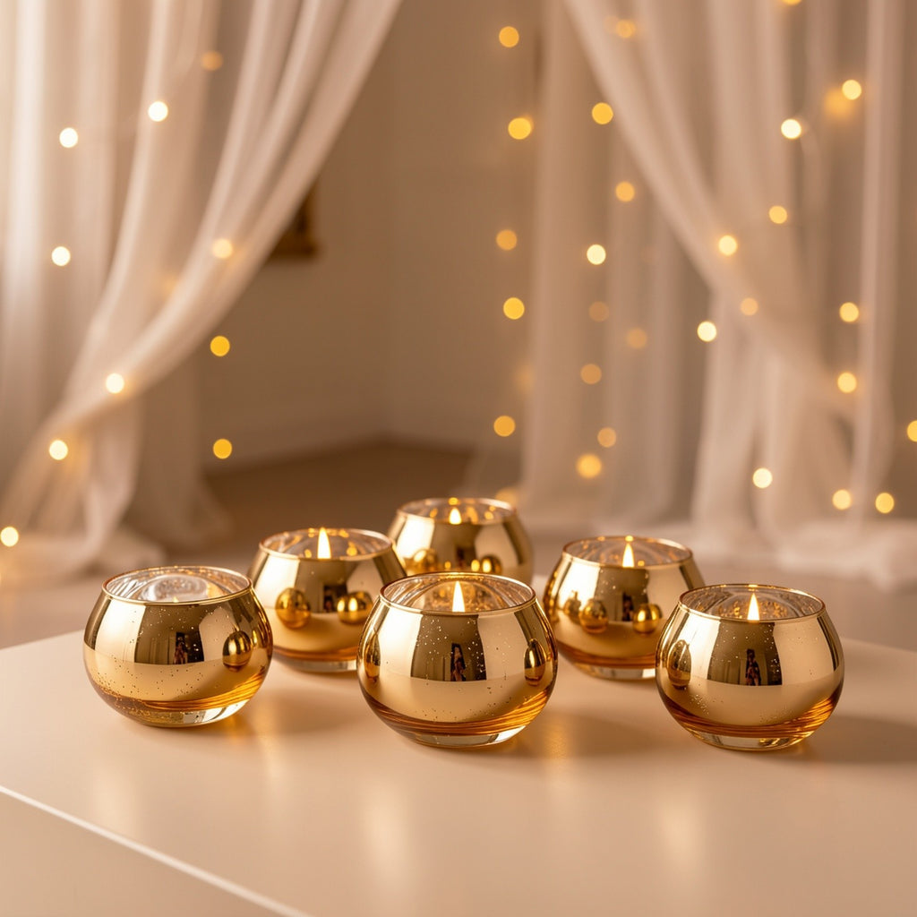 24/6pcs Votive Candle Holders for Wedding, Hurricane Candle Holders Bulk, High-Temperature Glass, Romantic Dinner Additions, Perfect for Weddings, Parties, Birthdays, Thanksgiving, Valentine'S Day Decorations, Golden/Pink/Silver/Blue/Green