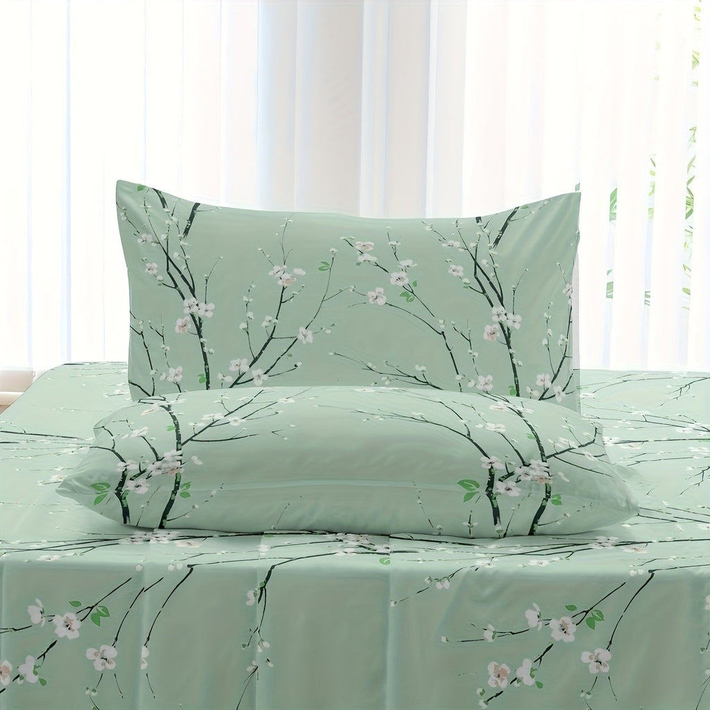 Plum Blossom Bed Sheet Set, 4-Piece Branch Print Bedding with 15-Inch Deep Pocket Fitted Sheet and Two Pillowcases in Twin Full Queen King