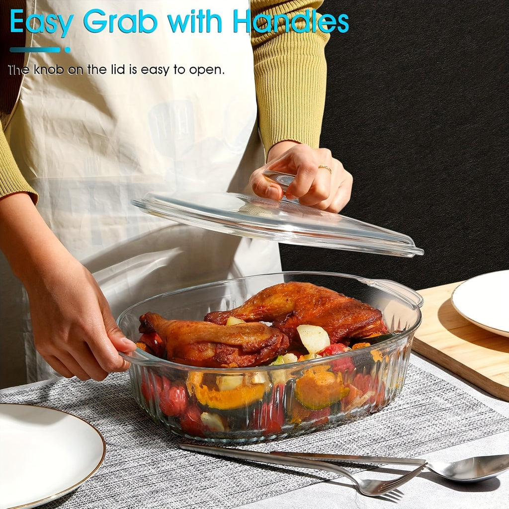 Elegant Glass Casserole with Lid Set | Oval Roaster, Transparent Covered Cookware, 50oz & 85oz | Oven & Microwave Safe, for Baking, Cooking, Desserts, Chicken, Pasta
