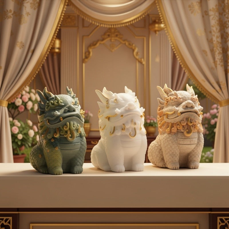 Pixiu Statue with Golden Floral Details, Single Stone Mythical Creature Figurine in Sand, Gray or White for Home Office Tabletop and Cabinet Decor