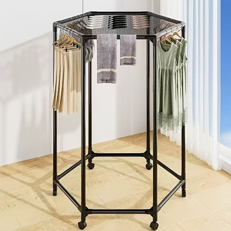 Hexagonal Rotary Clothes Rack, Self-Standing Vertical Clothing Hanging Rack, Suitable for Laundry And Household Storage Space Saving (Black/White), Easy Storage Device, Durable Structure, High-Quality Materials, Small Apartment Living, Convenient