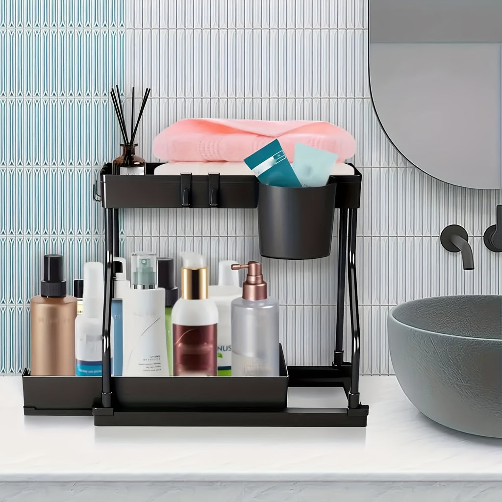 2pcs Under Sink Organizer with Sliding Shelves Multi-Purpose Black Plastic Storage Basket for Bathroom And Kitchen Cabinet Durable Construction Bathroom Organizer