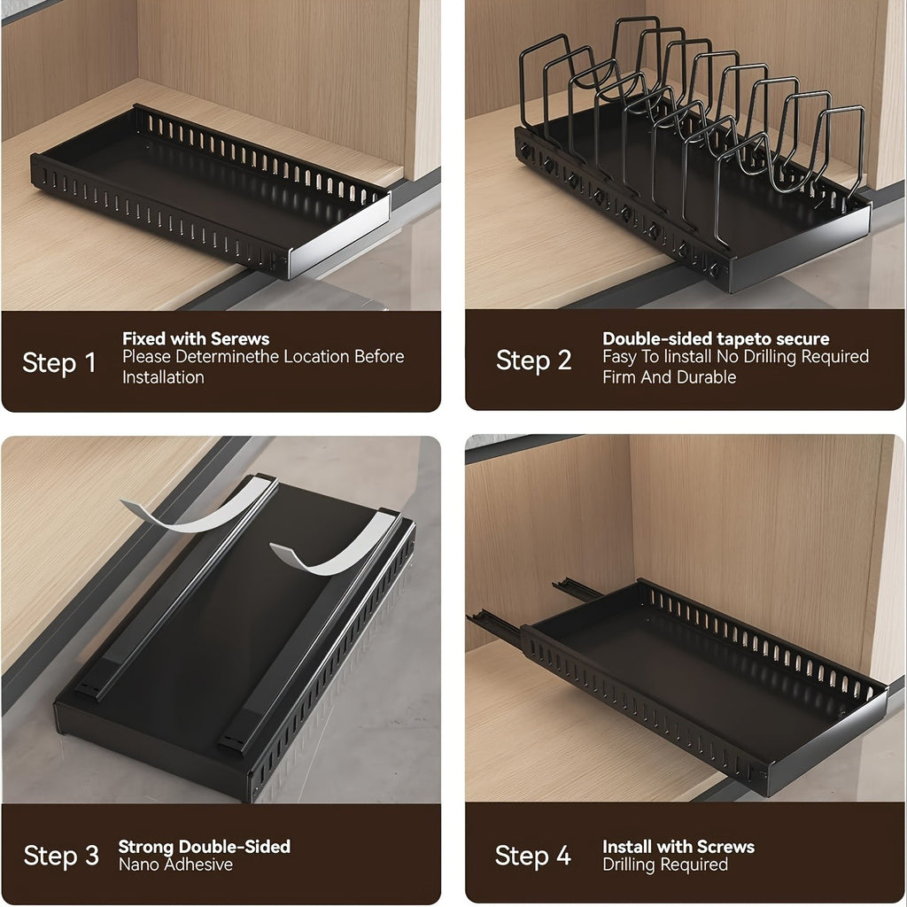 [Kitchen Accessories] 1/2Pcs Cabinet Pull-Out Pot Rack, A Sliding Pot Lid Holder And Flat Pan Holder For The Kitchen, A Sliding Storage Box Within The Cabinet, Suitable For Storing Pot Lids, Baking Utensils, And Plates. 8/16 Adjustable Dividers. Kitchen A