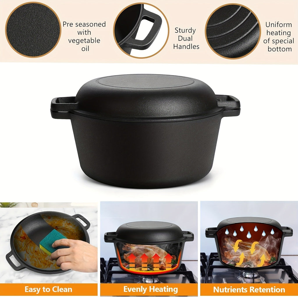 7QT Hand-built 2-in-1 Cast Iron Cookware Set (5.1QT Dutch Oven + 1.9QT Skillet) Dual-Purpose Holiday Cooking Kit For Stove, Induction, Oven, Campfire, With 2 Handles Outdoor BBQ &Indoor Make Sourdough Bread, Frying, Baking, Camping