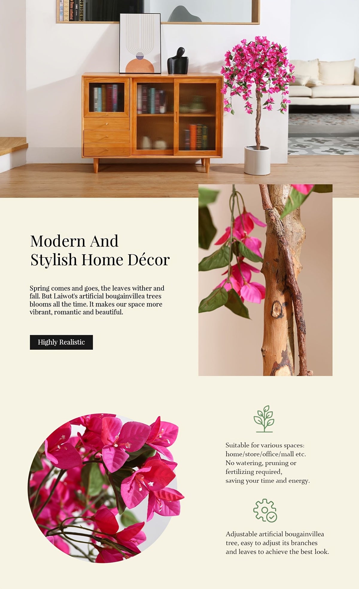 Artificial Bougainvillea Flowers Tree, Faux Potted Plants with Wood Trunk And Pink Flowers for Housewarming Decor Gift