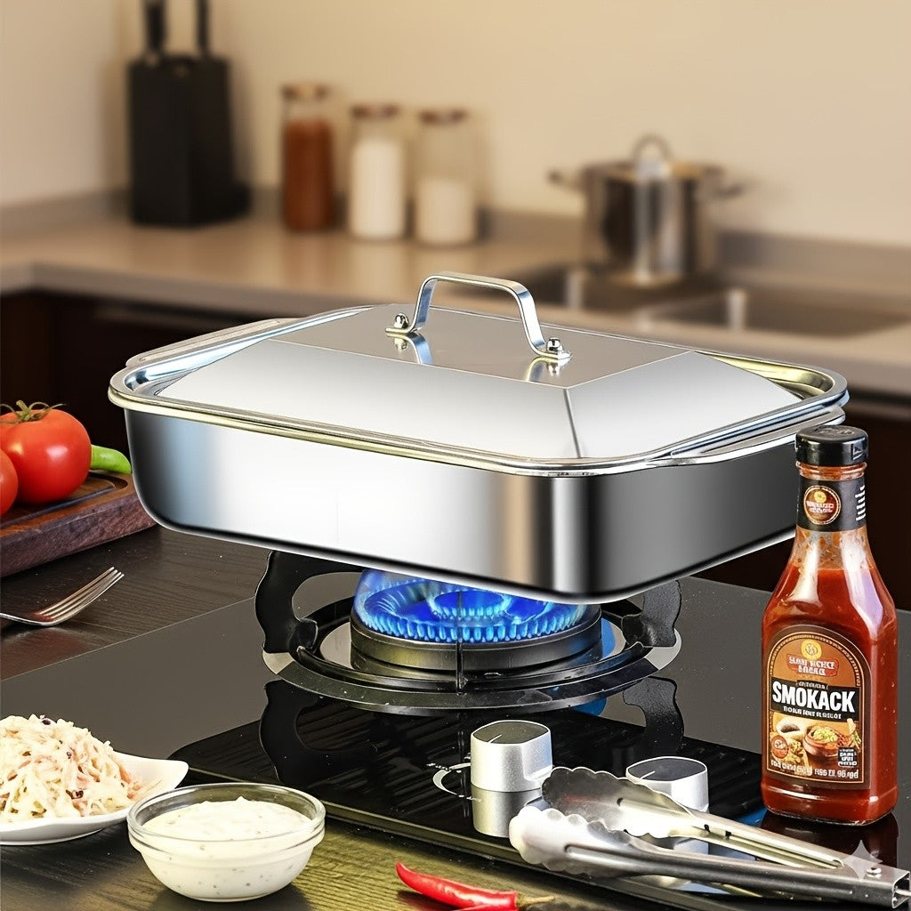 2pcs Stainless Steel Rectangular Baking Pans with Steel Lids - 6-liter Large Capacity, 16.14-inch Deep Baking Pan, Fish Pan, Grill Pan, Lasagna Pan, Chicken, Dishwasher Safe, Men's Gift, Father's Day