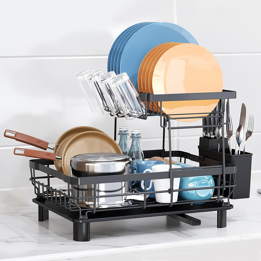 Dish Drying Rack, 2 Tier Dish Racks for Kitchen Counter, Large Stainless Steel Kitchen Dish Drying Rack, Detachable Large Capacity Dish Drainer Organizer with Utensil Holder, Drain Board