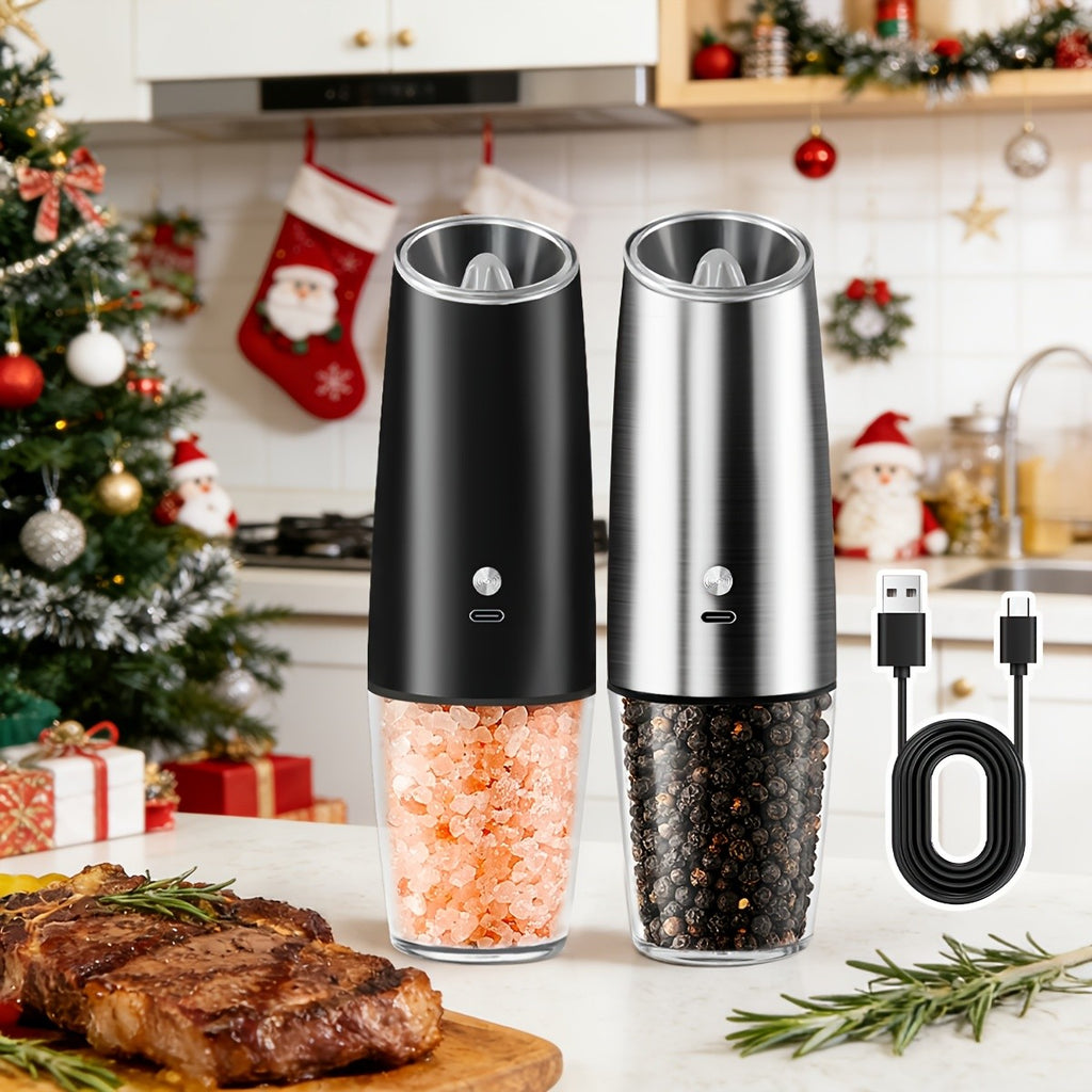 2pcs USB Rechargeable Salt And Pepper Grinder Electric Salt And Pepper Mill & Adjustable Coarseness Automatic Salt Grinders Spice Shakers with LED Light One Hand Operation