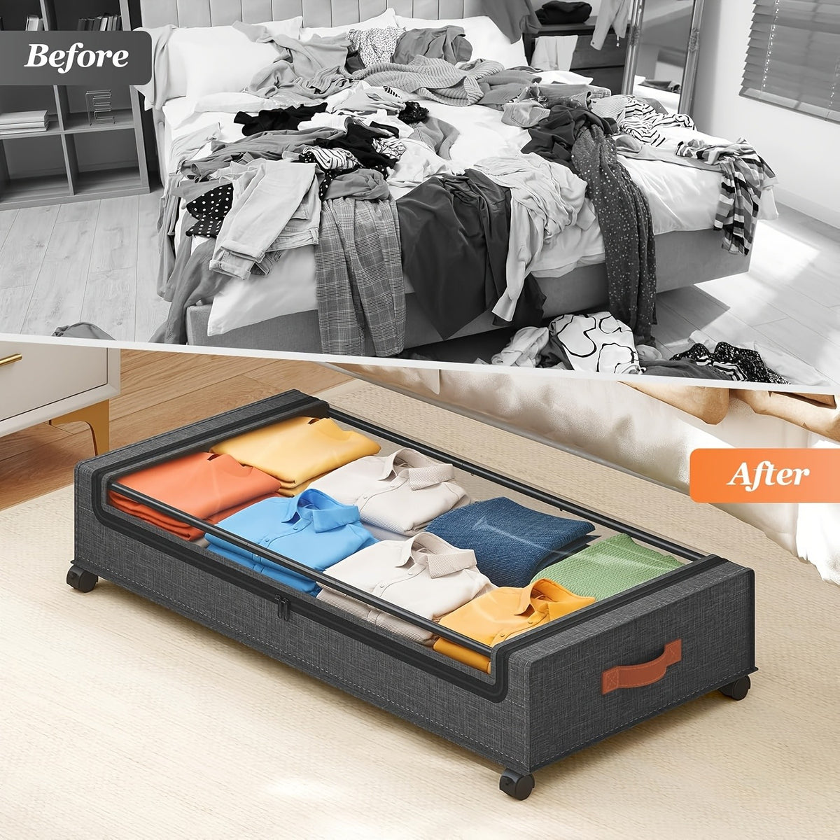 2 Pack Rolling Underbed Storage Box, Under Bed Storage Bins, Under Bed Shoe Rack Organizer, Rolling Underbed Metal Drawer for Clothes, Blankets, Shoes,, Books, Bedding, Under-Bed Storage