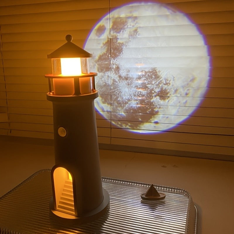 1pc Projector-equipped Moon Lighthouse Night Light with A Sensitive Human Body Sensor Switch And Always-on Function That Can Be Set At Will. It Can Be Used for Both USB Charging And Plug-in Power Supply, Making It A Great Decorative Item And Gift..