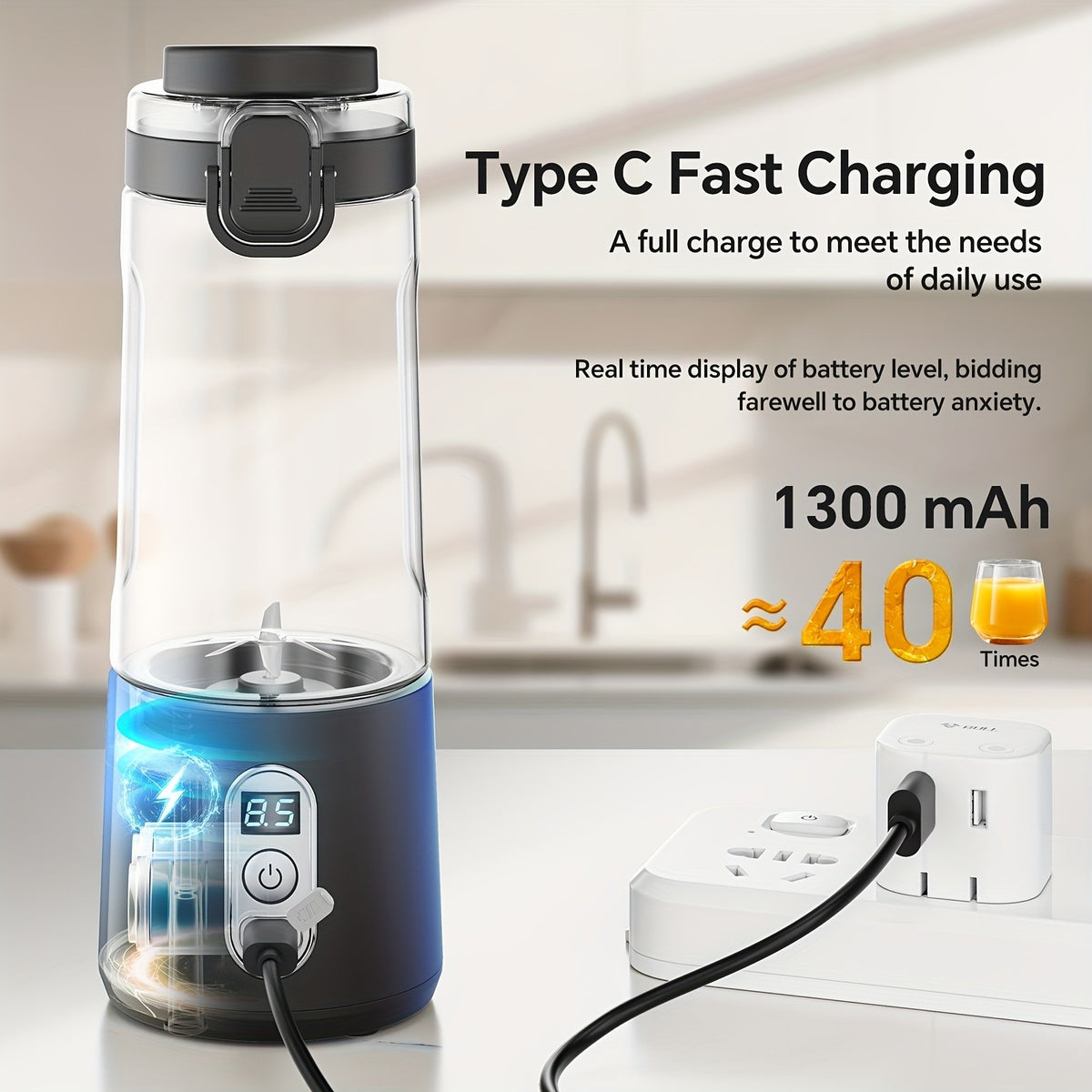 LALAYUAN USB-Powered Juicer & Juicer with Digital Timer, Battery Left Display, High-Speed Ice Crush, USB-C Fast Charge, One-Tap NO-Spill Lid, 6-Blade Stainless Steel - Smoothie Blender Portable, Protein Shakes, Gym, Travel Smoothie Maker
