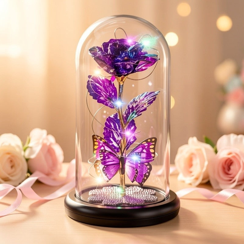 1pc Mother'S Day Rose Gift for Mother, Galaxy Glass Rose Forever Eternal Crystal Flower Glow Rose Glass Dome And Butterfly Birthday Flower Gift for Women'S Mother, Wife, Sisters, Daughter, Purple