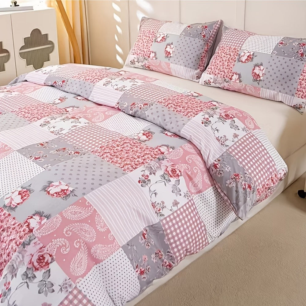 Floral Patchwork Duvet Cover Set, 3-Piece Lightweight Flower and Plaid Bedding with Zipper and 2 Pillowcases in Blue Green or Pink, No Comforter Insert