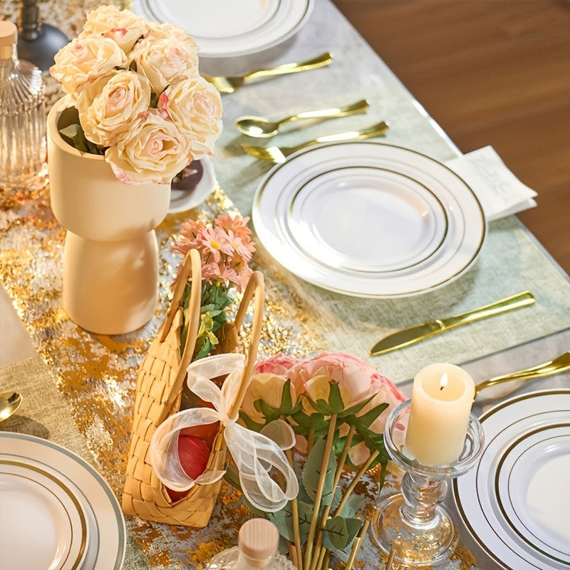 Set of 350/700 Golden/Silver Disposable Plates for 50/100 Guests, Disposable Plastic Plates for Parties, Wedding, Graduation, Birthday, Dinnerware Set of Dinner Plates, Salad Plates, Cutlery, Cups And Napkins