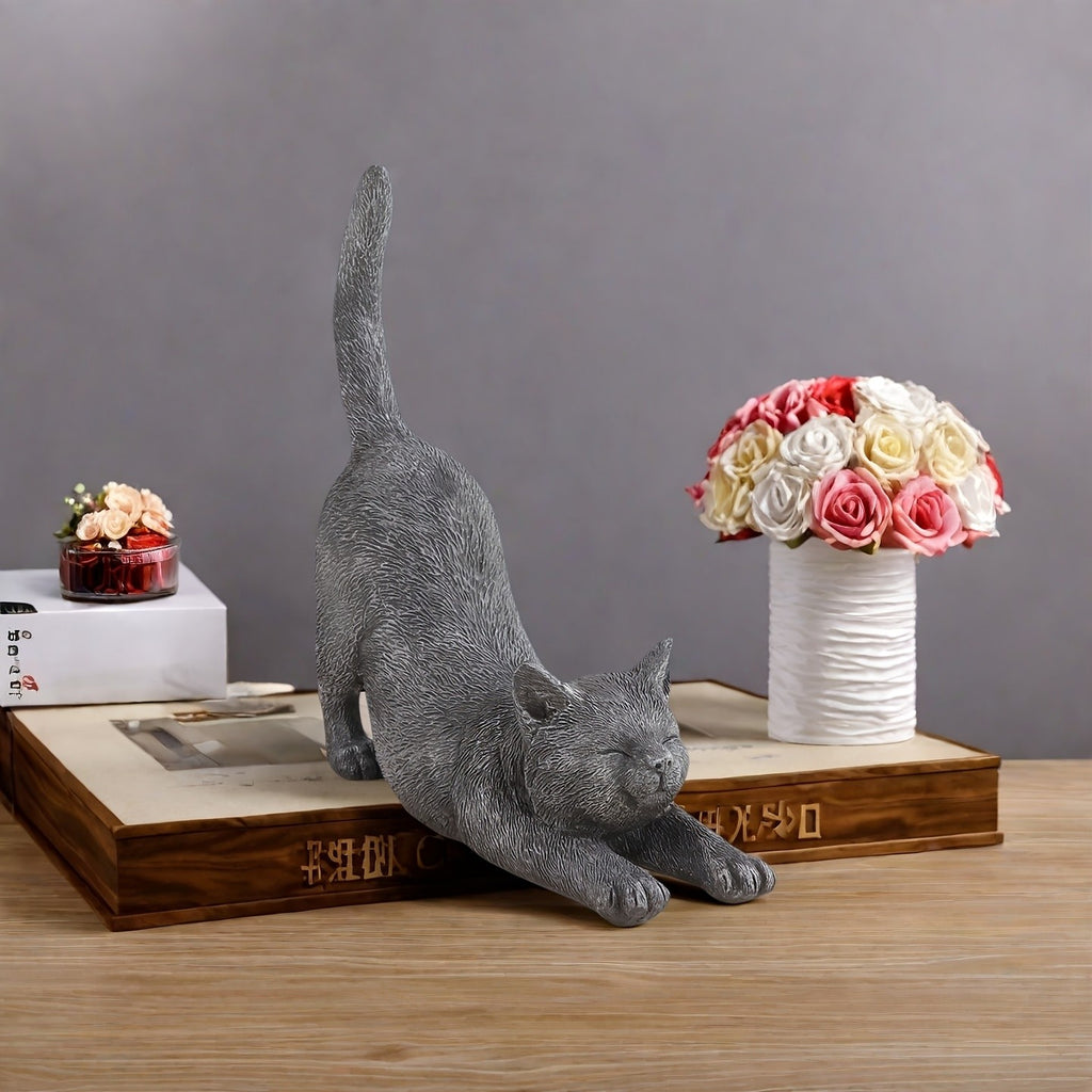 Yoga Cat Statue in Grey Resin, Hand-Painted Stretching Cat Figurine for Home, Office and Garden Decor, Decorative Sculpture Gift for Cat Lovers