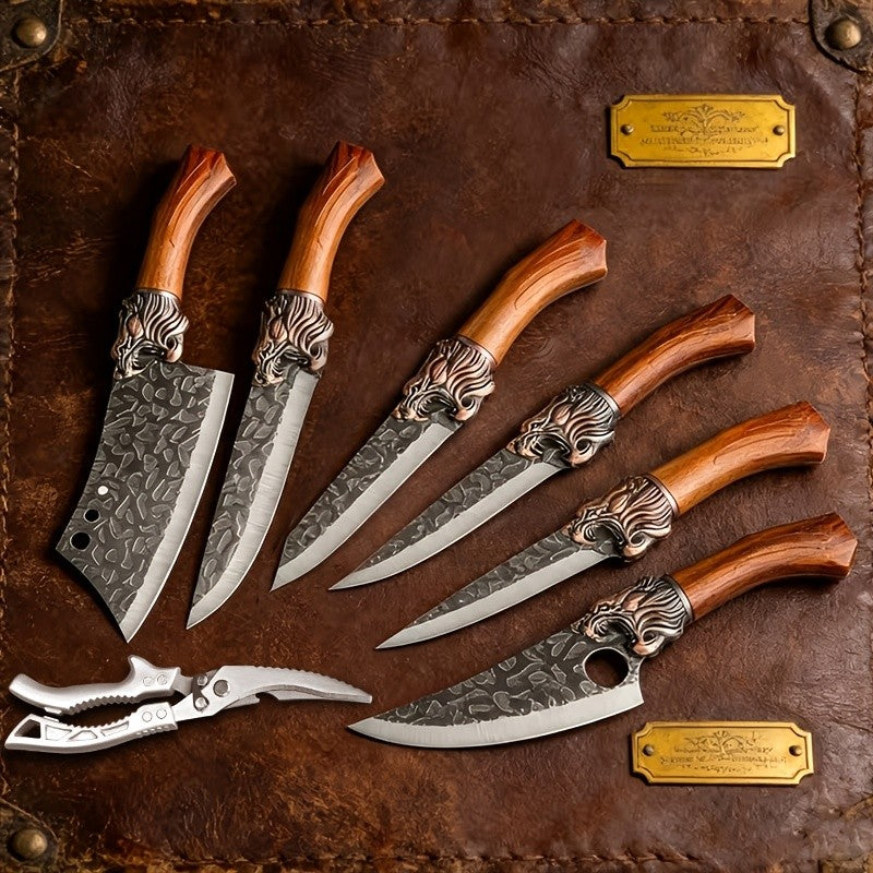 Professional Forged Stainless Steel Kitchen Knife Set(7pcs/6pcs)- Includes a Boning Knife, Slicing Knife, Carving Knife, Fish Knife, Butcher Knife, and Scissors. Suitable for Meat and Fish; Ultra-sharp and Durable Knives.