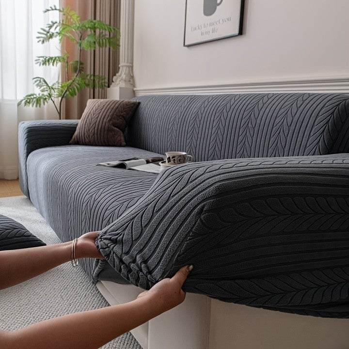 1pc Striped Sofa Cover - Washable, Stretchable, Scratch-Resistant & Non-Slip All-Season Sofa Protector, Fits 1-4 Seater Sofas, White Textured Fabric with Sawtooth Pattern, Perfect for Living Room Decor & Furniture Protection | Durable Protection