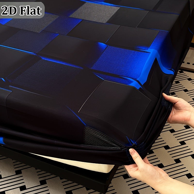 2D Flat 3pcs Cool Technology Digital Printing Material Plaid Fitted Sheet(1pc Bed Sheet+2pcs Pillowcase No Filling)Deep Pocket In 15 Inch At Home Dormitory Suitable for All Seasons Mattress Protector