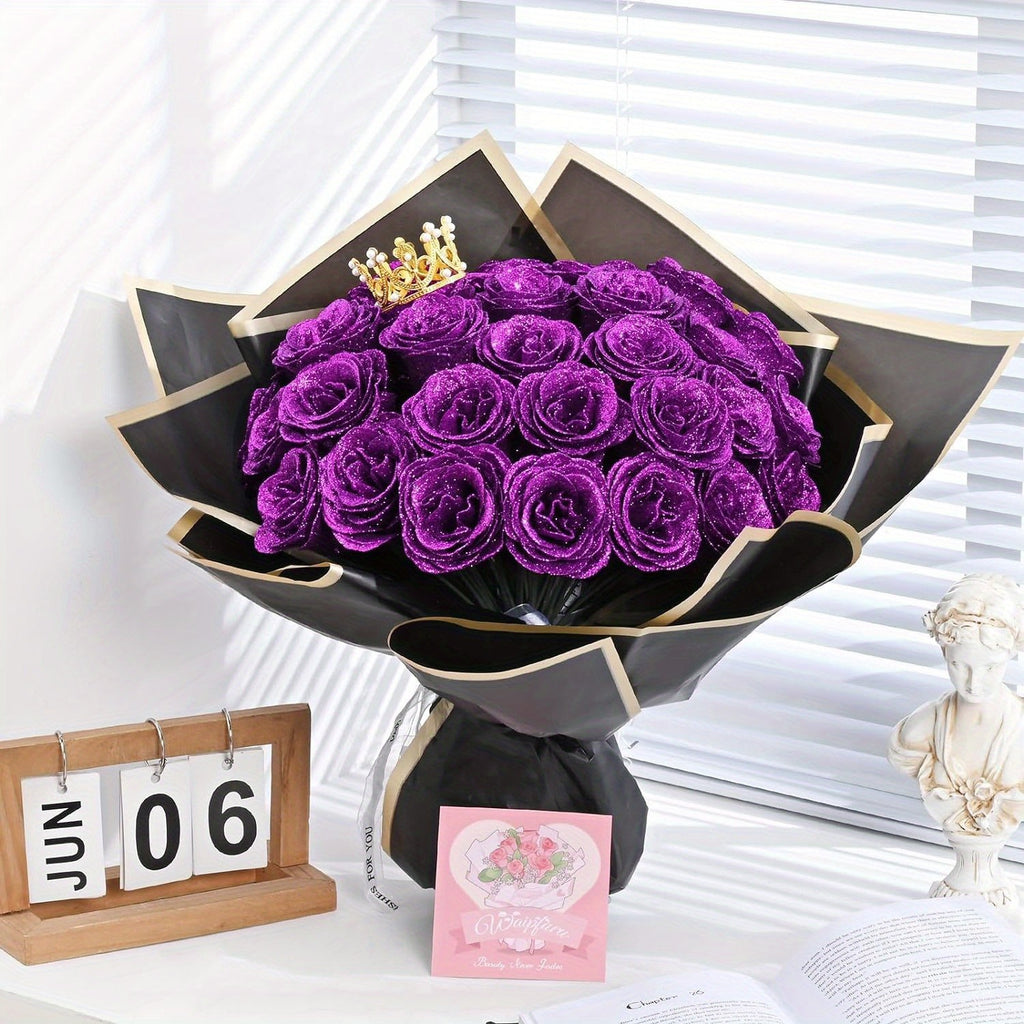 24/36pcs Glitter Roses Bouquet - Everlasting Shiny Artificial Red Roses with Sparkling Glitter Petals - DIY Fake Flower Bouquet Suitable for Valentine' Day, Mother' Day, Wedding, Anniversary, - Gifts for, Plastic Roses Bouquet