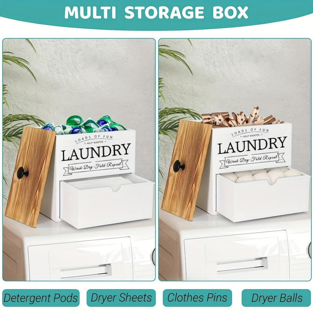 MONDRAME Farmhouse-Style Wooden Dryer Sheet Holder with Drawer And Lid - Dual Installation Options, Wall Mount Or Countertop, Laundry Pod Dispenser for Organized Storage