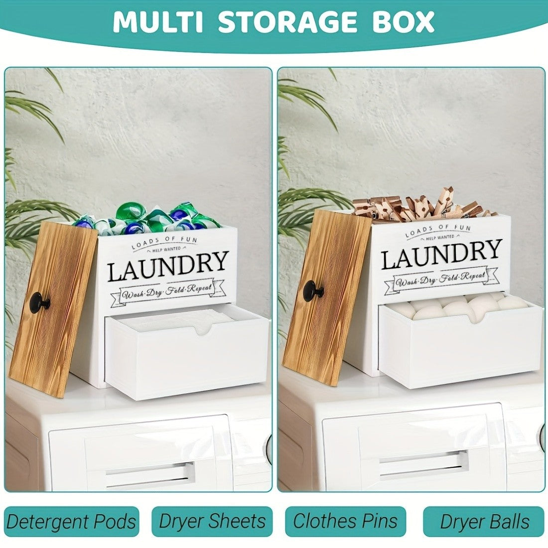MONDRAME Farmhouse-Style Wooden Dryer Sheet Holder with Drawer And Lid - Dual Installation Options, Wall Mount Or Countertop, Laundry Pod Dispenser for Organized Storage