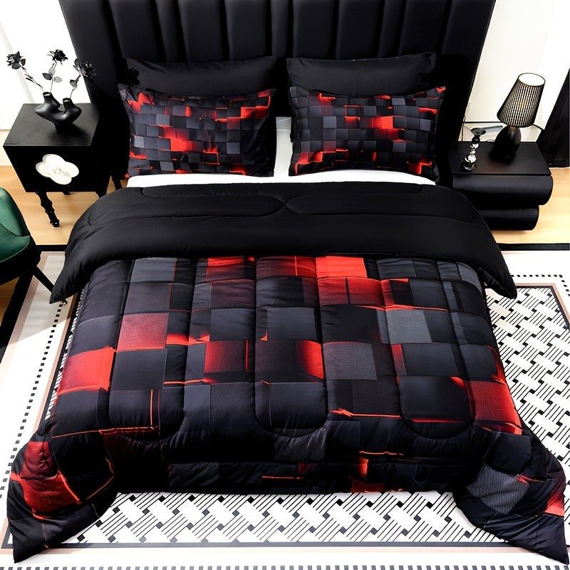 2D Flat Tog 4 3pcs Super Soft Fashion Sense Of Technology Grid Thickening Quilt Set (1 Comforter +2 Pillowcases Without Pillow Core), Contains Padding 180Gsm Quilting Soft Ventilate Digital Printing Bedroom Dormitory At Home Perfect Halloween Gift