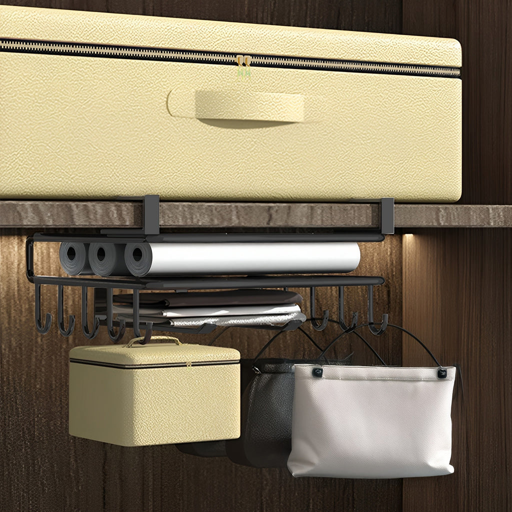 Under Cabinet Organizer Rack with Hooks, Black Carbon Steel Hanging Shelf and Towel Holder for Kitchen Cups, Utensils and Cutting Board Storage