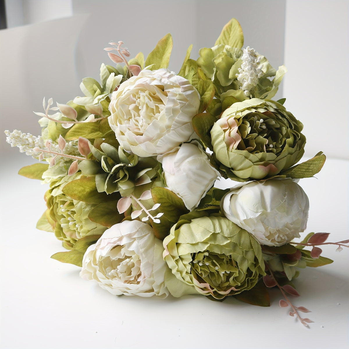 Artificial Peony and Hydrangea Flowers, Vintage Beige and Green Faux Floral Bouquet for Rustic Wedding Centerpieces, Bridal Styling and Home Vase Decor