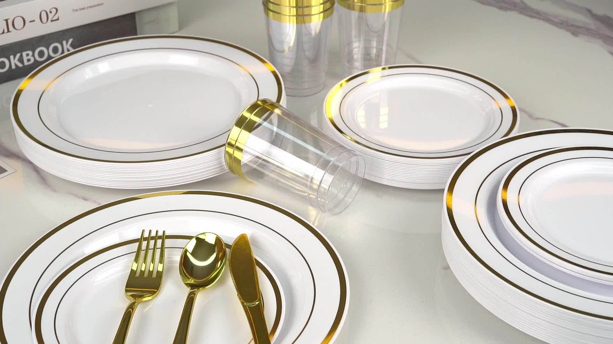 Set of 350/700 Golden/Silver Disposable Plates for 50/100 Guests, Disposable Plastic Plates for Parties, Wedding, Graduation, Birthday, Dinnerware Set of Dinner Plates, Salad Plates, Cutlery, Cups And Napkins