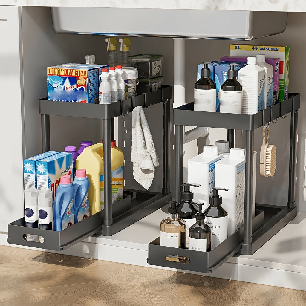Under Sink Organizer 2 Pack with 8 Hooks, Two-Tier Cabinet Storage Racks for Kitchen and Bathroom, Pull-Out or Fixed Basket Options