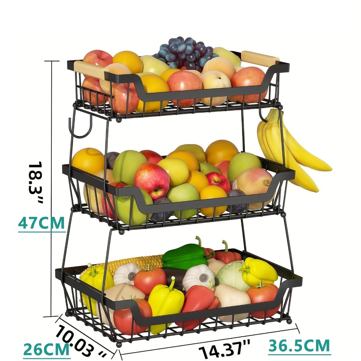 2-Tier Countertop Fruit Basket with 2 Banana Hangers for Kitchen, Detachable Metal Organizer for Bread Vegetable Fruits with Wooden Handle, Large Capacity Rectangular Storage Stand Bowls, Black
