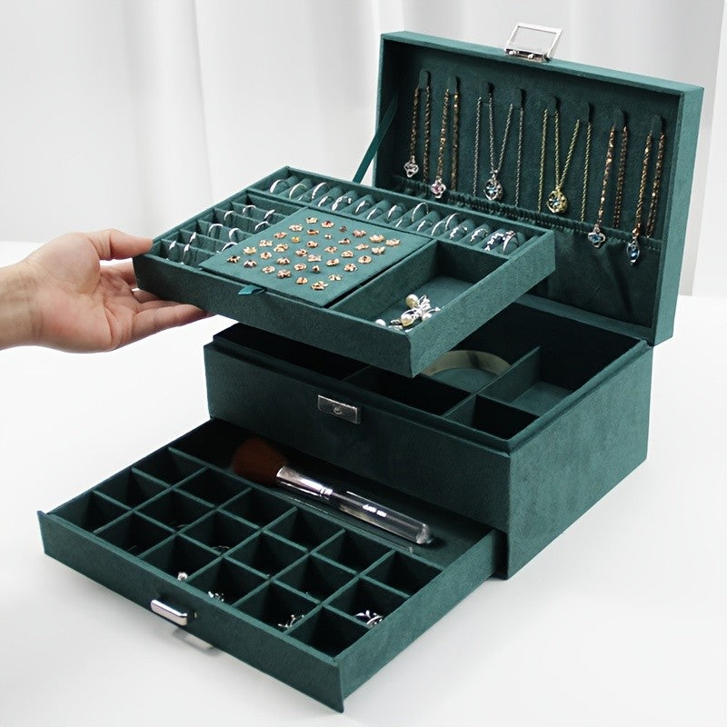Luxury Velvet Jewelry Organizer Box with Drawers, High-End Jewelry Storage Case, Large Capacity, for Earrings, Rings, Necklaces, Bracelets, Travel Jewelry Organizer Box, Jewelry Boxes