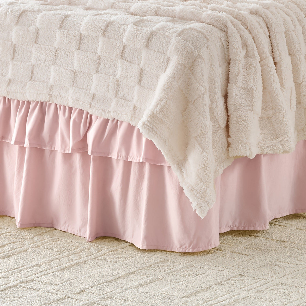 Double Ruffle Bed Skirt 16 Inch Drop, Elastic Wrap Around Bed Skirts For Twin Full Queen King Size Bed, Easy To Install Dust Ruffle, Machine Washable Soft Fabric, Multi Ruffle Bedskirt For Bedroom Bedding Home Decor