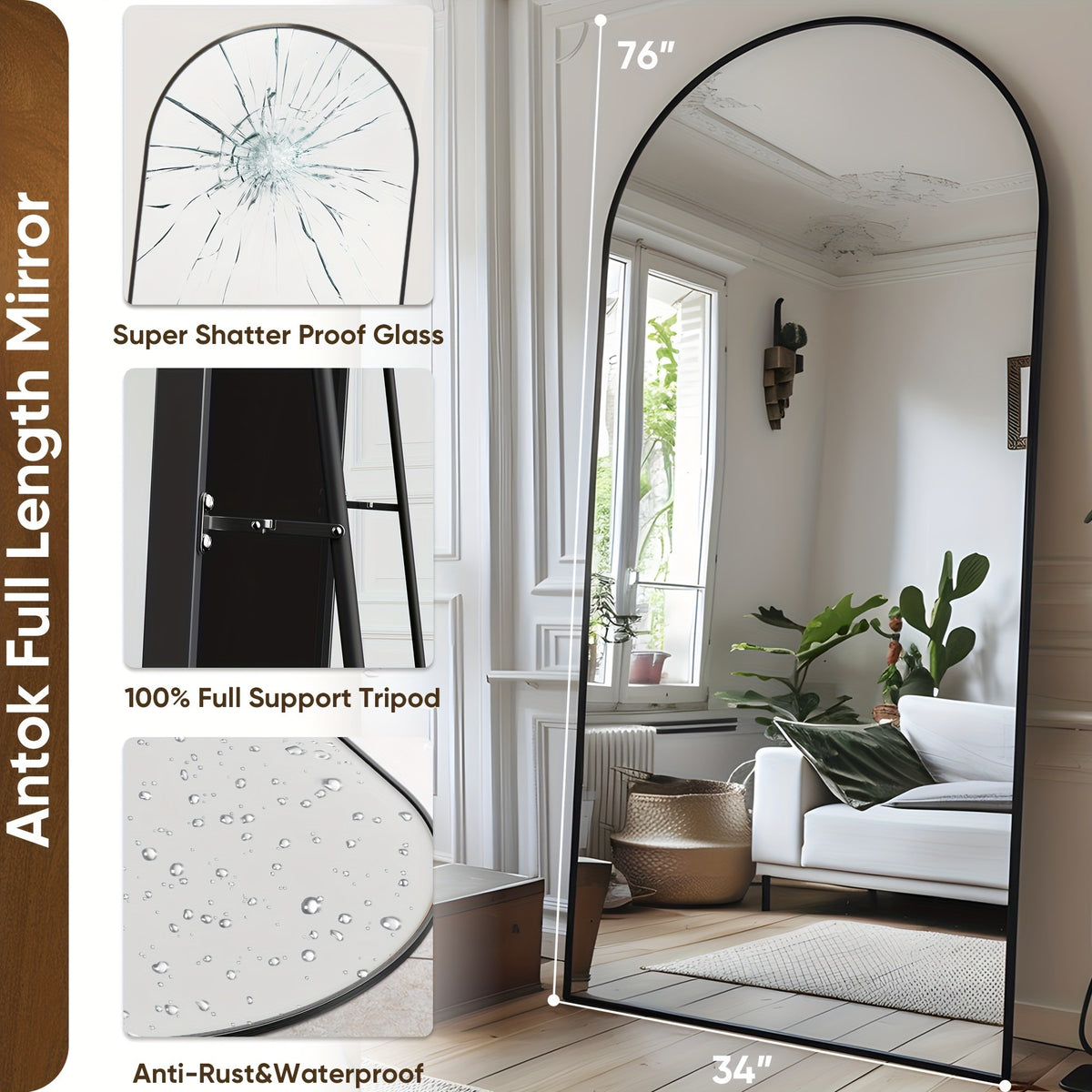 Black Arched Full Length Mirror, 58 x 18 Inch Aluminum Alloy Frame Full Body Floor Mirror with Stand for Bedroom, Entryway and Living Room