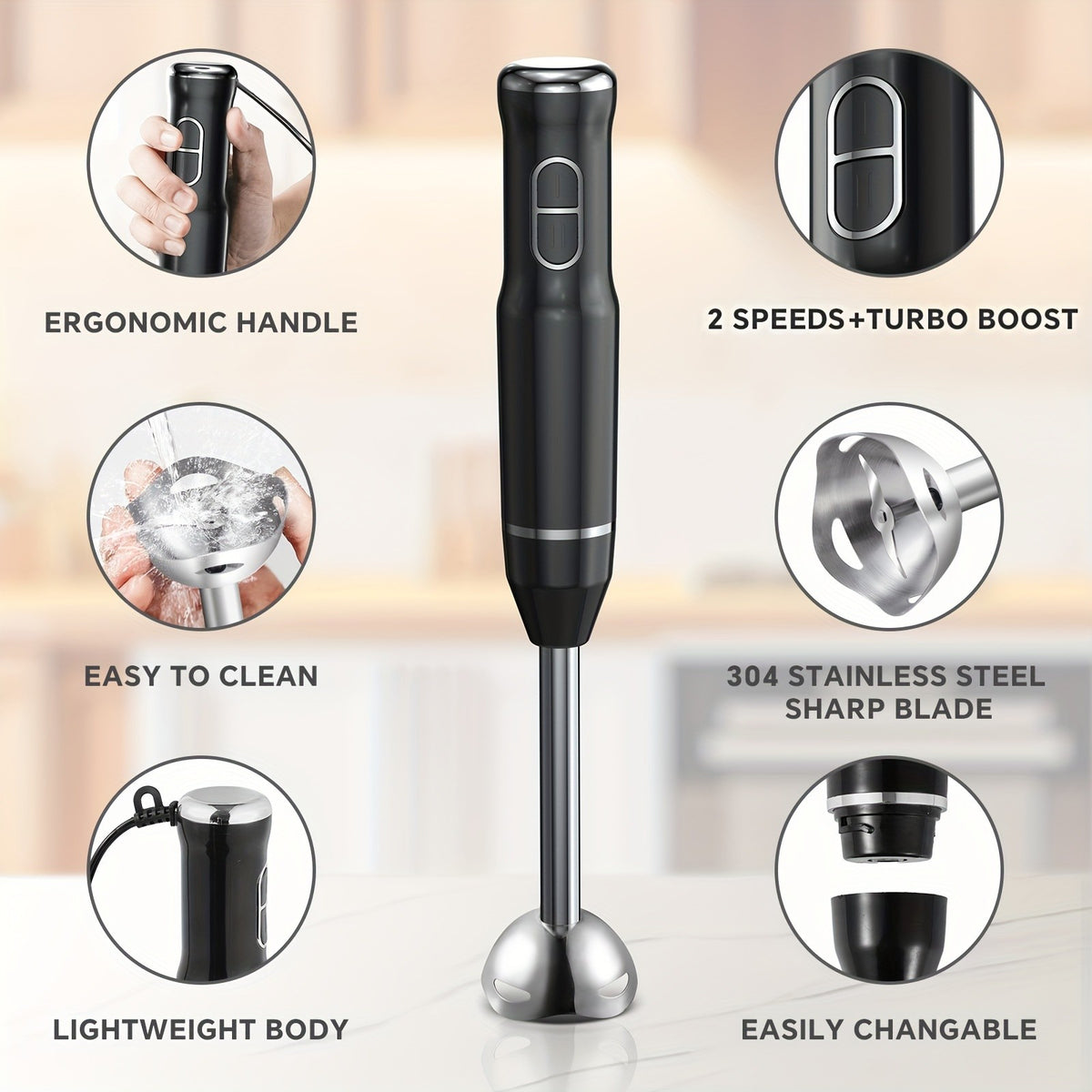 Lalayuan Electric Immersion Blender, Power Handheld Blender, 400W Portable Stick Mixer with 2 Mixing Speeds&Turbo Mode, 304 Stainless Steel Blades, Easy to Grip Speed Corded Hand Mixer, Perfect for Soup Smoothie Puree Food Fruit, with Detachable Base