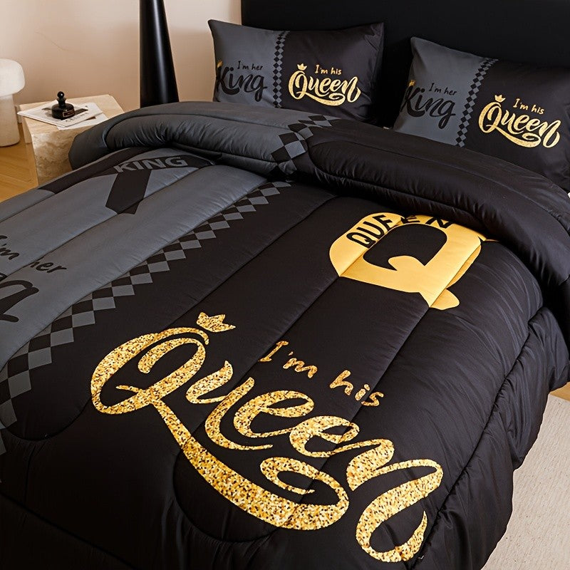 King and Queen Comforter Set, 3 Piece Crown Letter Print Bedding with 180 GSM Padding and Two Pillowcases for Bedroom and Dorm Decor