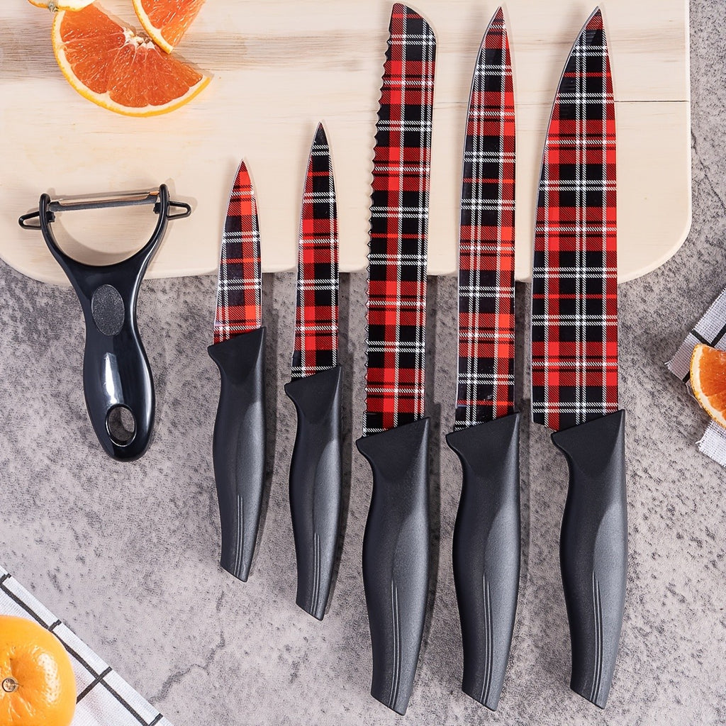 6pcs High-carbon Stainless Steel Sharp Kitchen Knife Set, Kitchen Knife Set And Block Chef Knife, Bread Knife, Scissors, Sharpening Knife, Kitchen Essentials, Dishwasher Safety, Anti-slip Handle, Best Gift for Halloween And Christmas