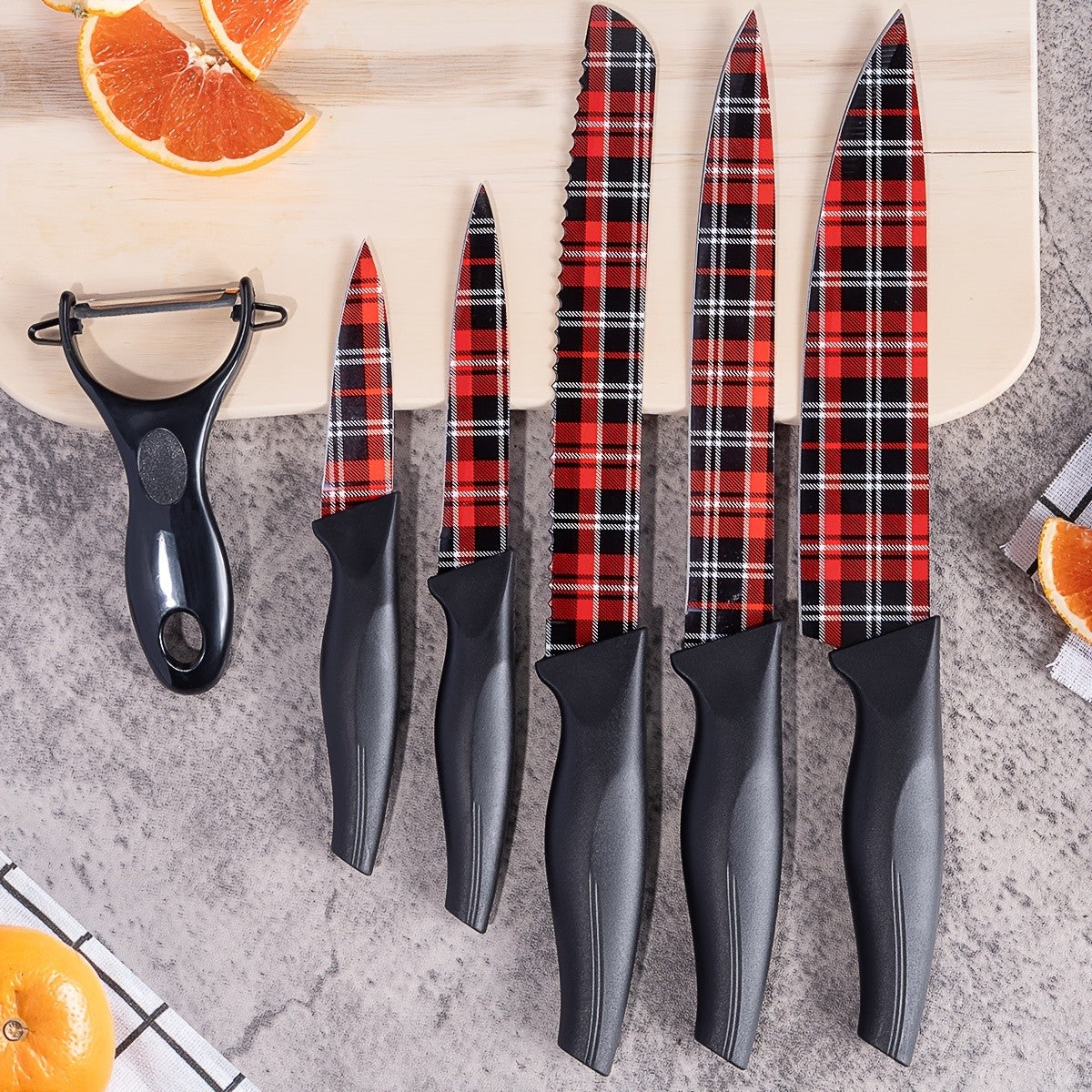 6pcs High-carbon Stainless Steel Sharp Kitchen Knife Set, Kitchen Knife Set And Block Chef Knife, Bread Knife, Scissors, Sharpening Knife, Kitchen Essentials, Dishwasher Safety, Anti-slip Handle, Best Gift for Halloween And Christmas