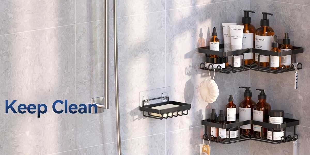 Adhesive Corner Shower Shelves, 3 Pack Stainless Steel Bathroom Caddy Set with Soap Holder and 12 Hooks for No Drill Wall Mounted Storage